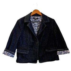 Talbots One Button Blazer Jacket Dark Wash Blue Denim 3/4 Sleeve Sz 12